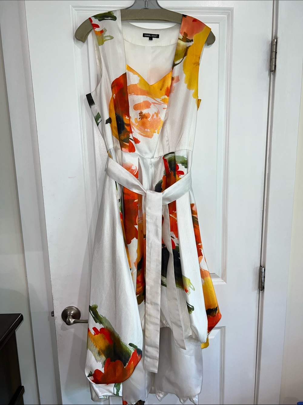 Floral White Sleeveless Belted Fit, High Low Dress